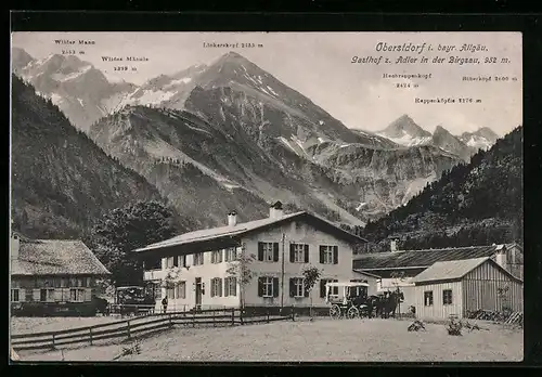 AK Oberstdorf i. bayr. Allgäu, Gasthof zum Adler in der Burgsau mit Rappenköpfle, Biberkopf und Linkerskopf