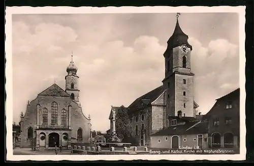 AK Lindau i. B., Evangelische und Katholische Kirche mit Neptunbrunnen