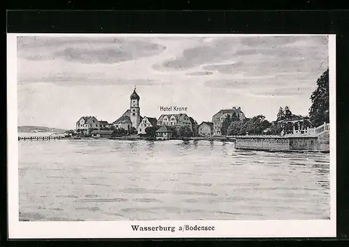 AK Wasserburg a. Bodensee, Uferpartie mit Hotel Krone