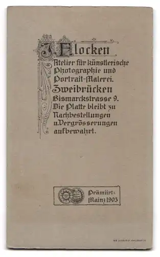 Fotografie J. Flocken, Zweibrücken, Bismarckstrasse 9, Portrait junge Dame im Kleid