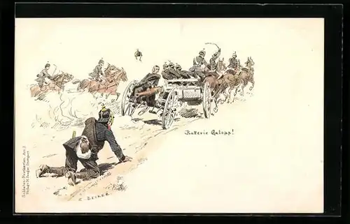 Künstler-AK Carl Becker: Batterie Galopp!, Artilleriewagen