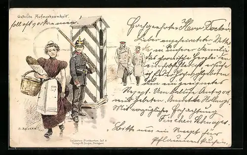 Künstler-AK Carl Becker: Geteilte Aufmerksamkeit, Abgelenkter Wachsoldat