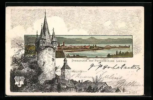 Künstler-AK Carl Biese: Lindau, Diebsturm mit Peterskirche, Ortsansicht