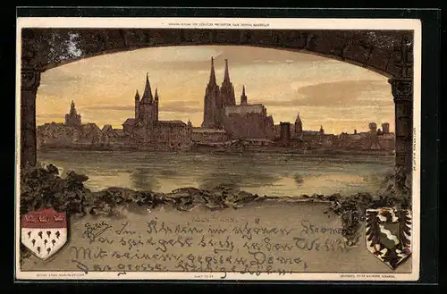 Künstler-AK Carl Biese: Köln /Rh., Panorama der Stadt, Wappen