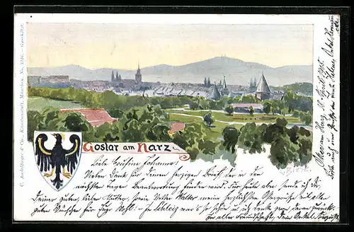 Künstler-AK Carl Biese: Goslar /Harz, Ortsansicht, Wappen