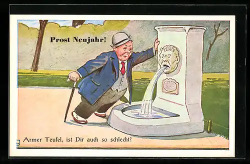 AK Betrunkener redet mit speiendem Brunnenkopf, Neujahrsgruss