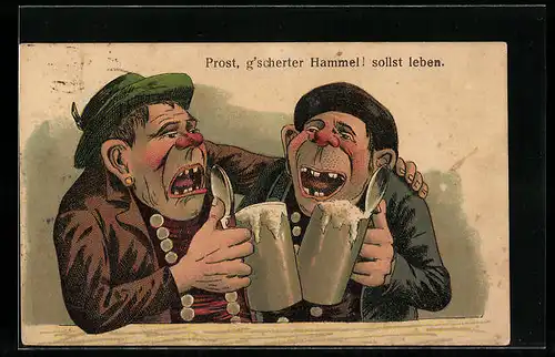 Lithographie Prost, gscherter Hammel! sollst leben., Zwei Biertrinker