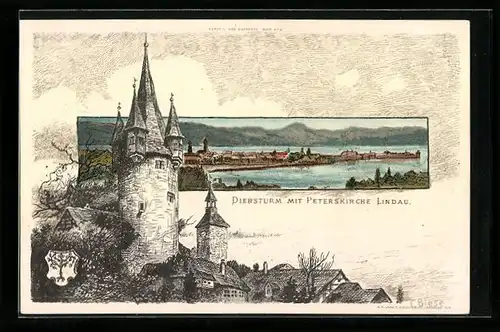 Künstler-AK Carl Biese: Lindau, Gesamtansicht, Diebsturm mit Peterskirche