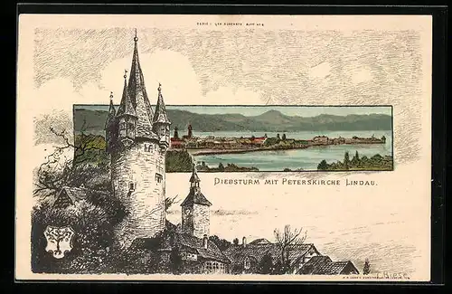 Künstler-AK Carl Biese: Lindau, Ortsansicht mit Umgebung, Diebsturm mit Peterskirche