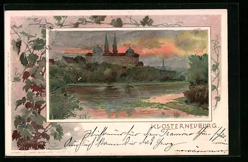 Künstler-AK Klosterneuburg, Uferpartie mit Kirche