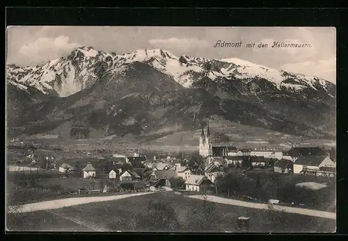 AK Admont, Teilansicht mit Kirche und den Hallermauern