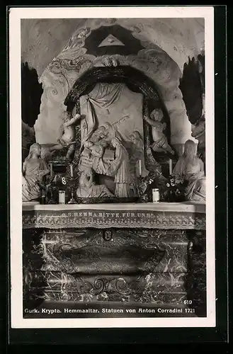 AK Gurk, Innenansicht der Krypta, Hemmaaltar mit Statuen