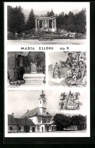 AK Maria Ellend a. Donau, Gnadenkirche, Lourdes-Grotte, Christ König-Denkmal