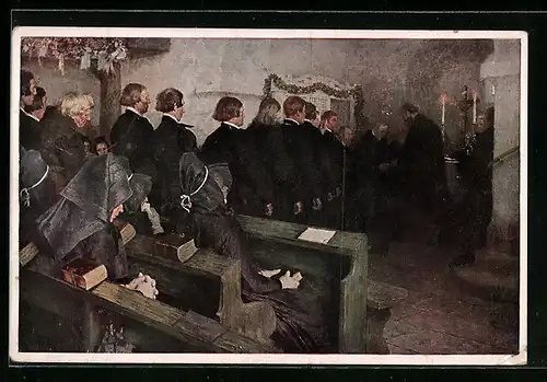 Künstler-AK Abendmahlsfeier, hessische Trachten