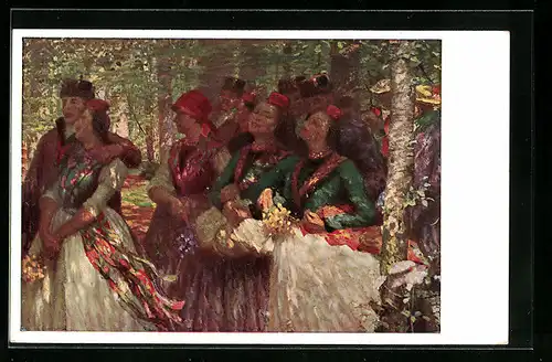 Künstler-AK Sonntag in der Schwalm, hessische Trachten