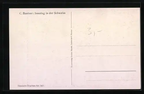 Künstler-AK Sonntag in der Schwalm, hessische Trachten