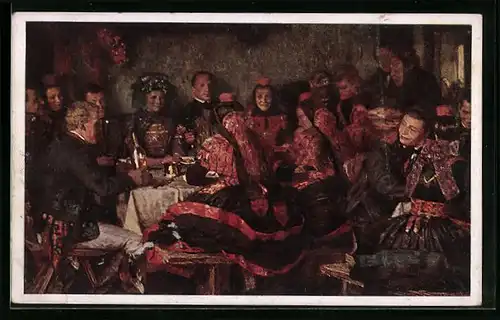 Künstler-AK Hochzeitsschmaus, hessische Trachten