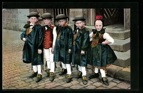 AK Schwälmer Kinder im Sonntagsstaat, hessische Trachten