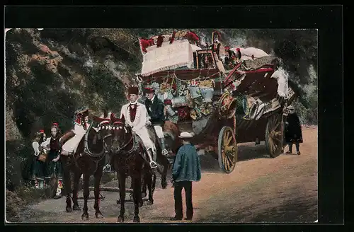 AK Schwälmer Brautwagen, hessische Trachten