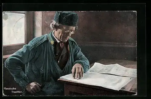 AK Mann liest Zeitung, hessische Trachten
