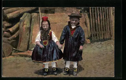 AK Schwälmer Kinder, wir gehen zur Grossmutti, hessische Trachten