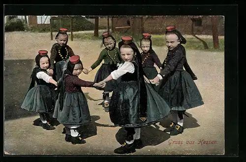 AK Kinder tanzen im Kreis, hessische Trachten
