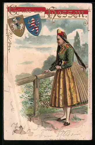 Künstler-AK Mädchen in hessischer Tracht mit Buch