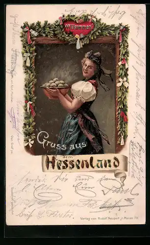 Künstler-AK Frau in hessischer Tracht mit Klössen