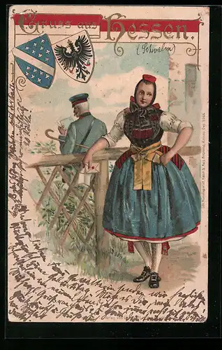 Künstler-AK Junge Frau in hessischer Tracht mit Brief
