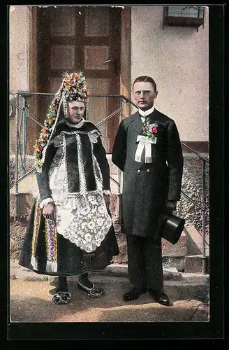 Künstler-AK Hessisches Brautpaar in Tracht