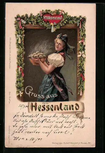 Künstler-AK Frau in hessischer Tracht mit einer Schüssel Klösse
