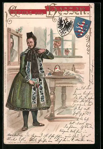 Künstler-AK Mädchen vor dem Spiegel in hessischer Tracht