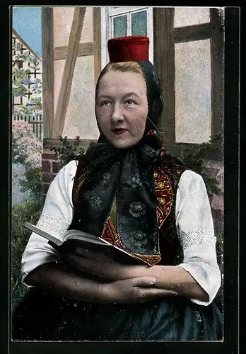 AK Frau in hessischer Tracht mit Buch