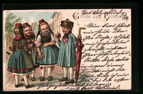 Künstler-AK Kinder in hessischer Tracht mit Apfel, Puppe, Bretzel, Schirm