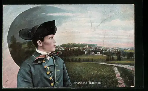 AK Mann in hessischer Tracht mit Ausblick