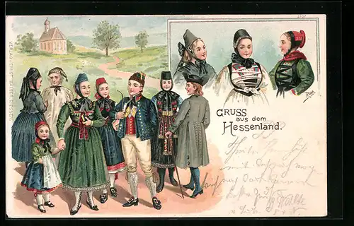Künstler-AK Menschen in hessischer Tracht vor Kirche