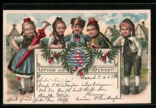 Künstler-AK Kinder in hessischer Tracht