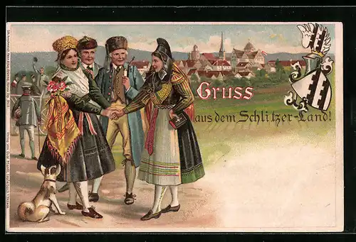 Künstler-AK Hessische Trachten, Gruss aus dem Schlitzer-Land