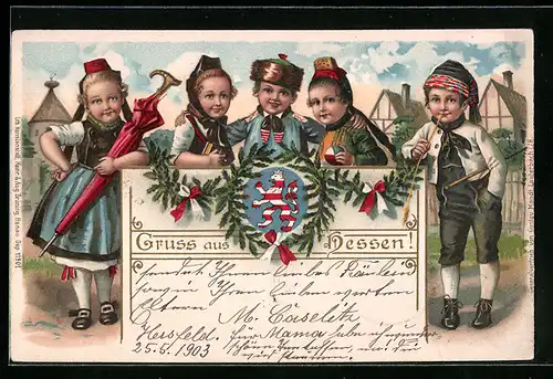 Künstler-AK Kinder in hessischer Tracht mit Schirm, Ball, Buch