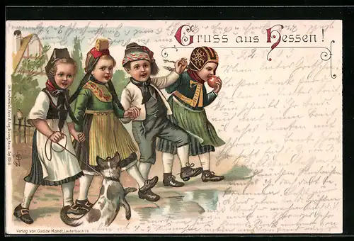Künstler-AK Kinder in hessischer Tracht mit Hund
