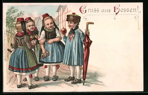 Künstler-AK Kinder in hessischer Tracht mit Puppe, Bretzel, Apfel, Schirm