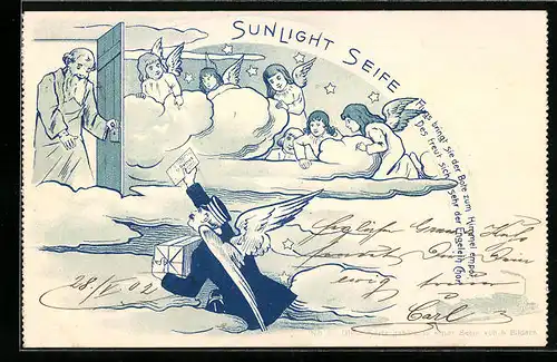 Lithographie Petrus im Himmel bekommt ein Paket von geflügeltem Postboten, Reklame Sunlight Seife