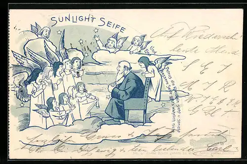 Lithographie Petrus im Himmel freut sich über saubere Engelskleider, Reklame Sunlight Seife