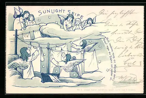 Lithographie Engel im Himmel beim Aufhängen der Wäsche, Reklame Sunlight Seife