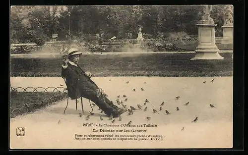 AK Paris, Le Charmeur d`Oiseaux aux Tuileries, La Dinette sur les Genoux