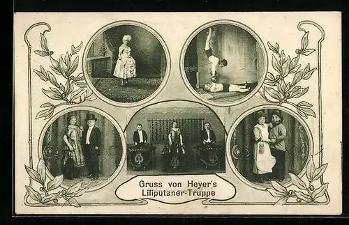 Passepartout-AK Mitglieder von Heyers Liliputaner-Truppe - Paare, Musiker, Akrobaten