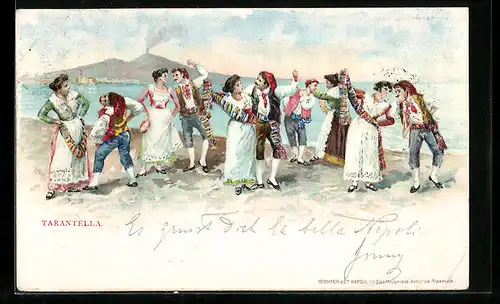 Lithographie Italienische Paare beim Tanzen der Tarantella vor Vesuv-Kulisse