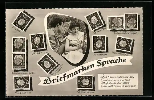 AK Junges Paar mit Blumensträusschen, Briefmarkensprache, Bundesrepublik