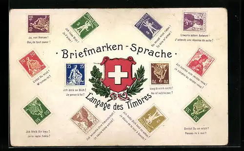 AK Schweiz, Schweizer Wappen, Briefmarken, Briefmarkensprache