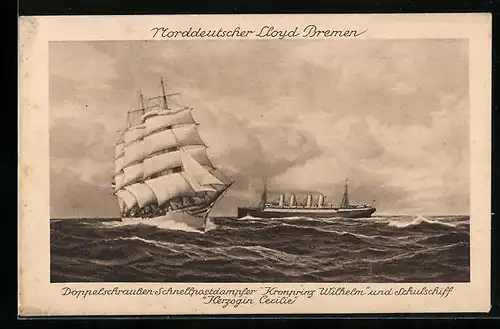 AK Schnellpostdampfer Kronprinz Wilhelm und Segelschulschiff Herzogin Cecilie